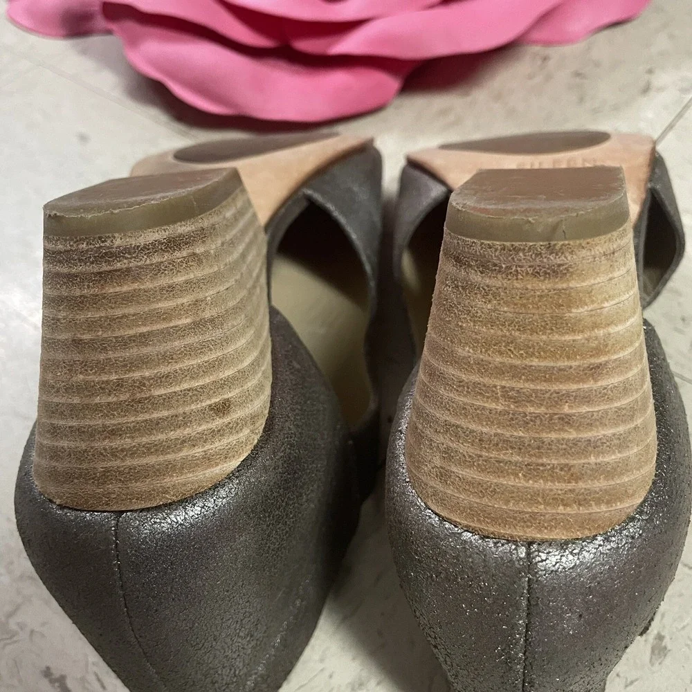 EILEEN FISHER Iris Metallic Leather Ankle Strap Block Heel Sandals Womens Sz 6.5